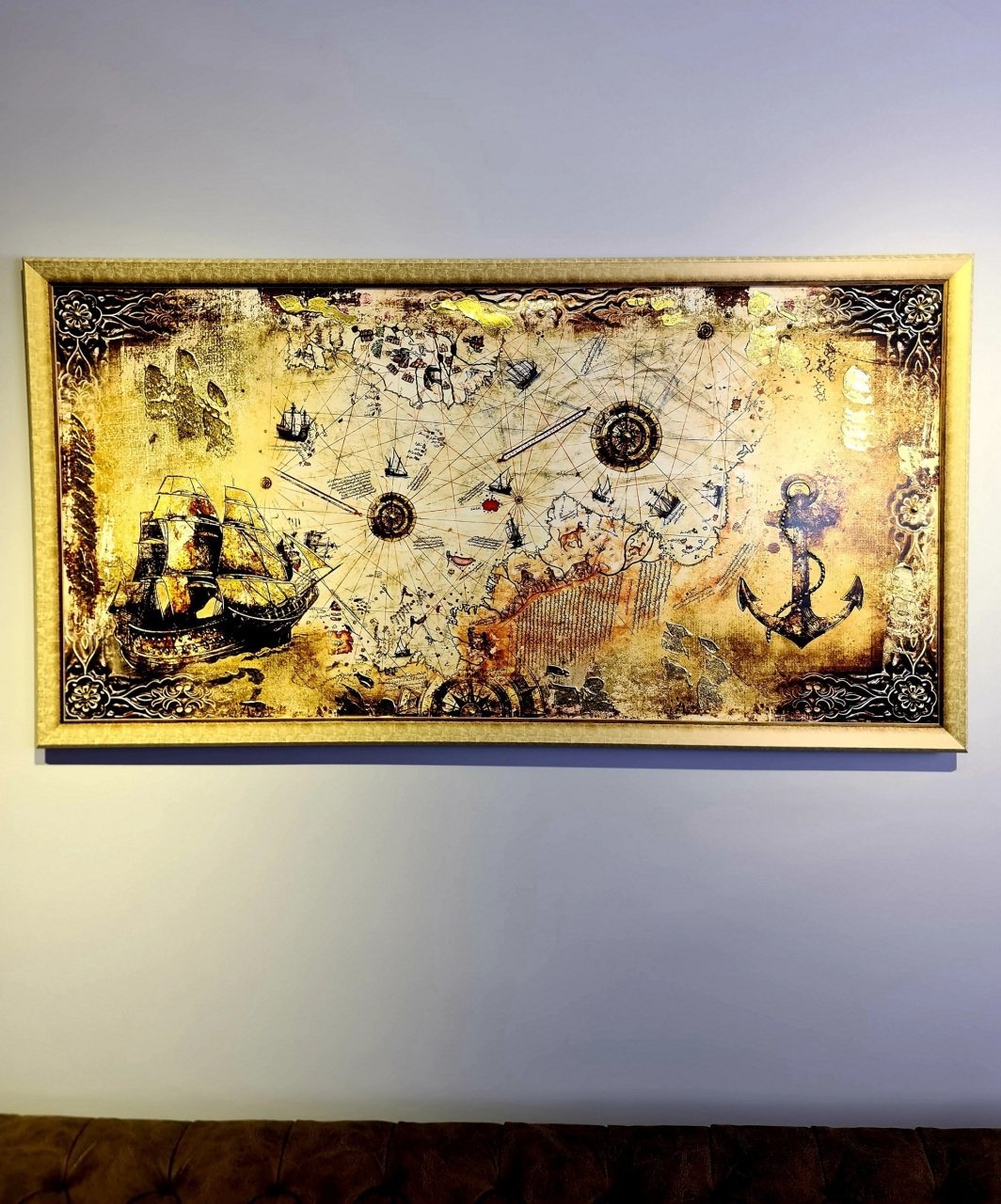 Piri Reis Haritalı Tablo / Eskitme Gold Ahşap Çerçeve