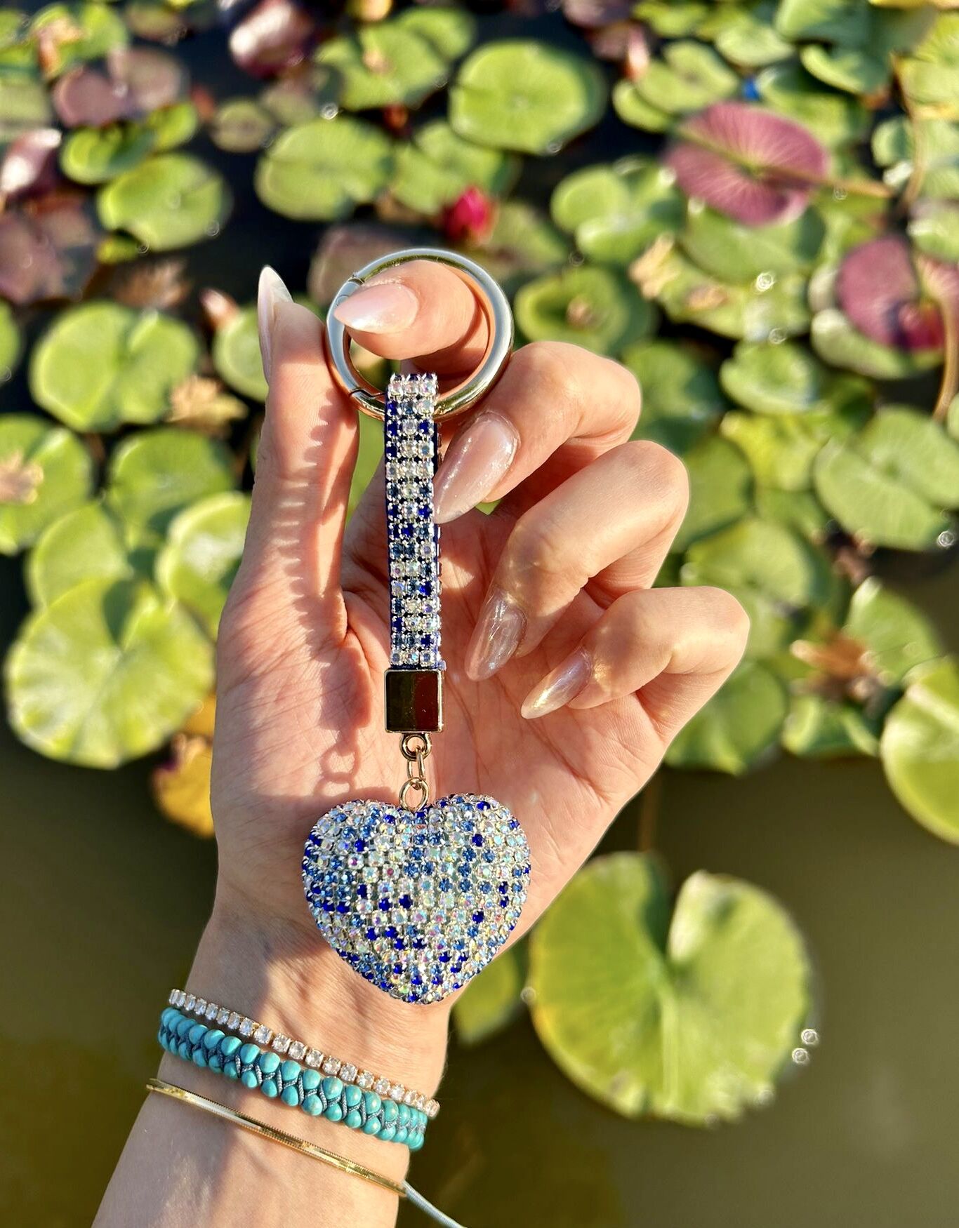 Swarovski Taşlı Kalpli Mavi-Beyaz Anahtarlık
