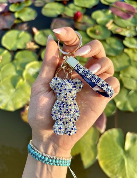 Swarovski Taşlı Ayıcık Mavi-Beyaz Anahtarlık