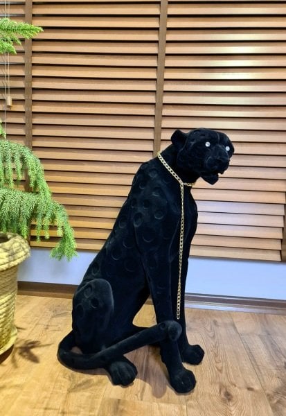 Büyük Boy Kadife Leopar Heykel / Siyah