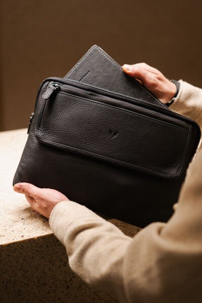 V Hakiki Deri Clutch & Tablet El Çantası / Siyah