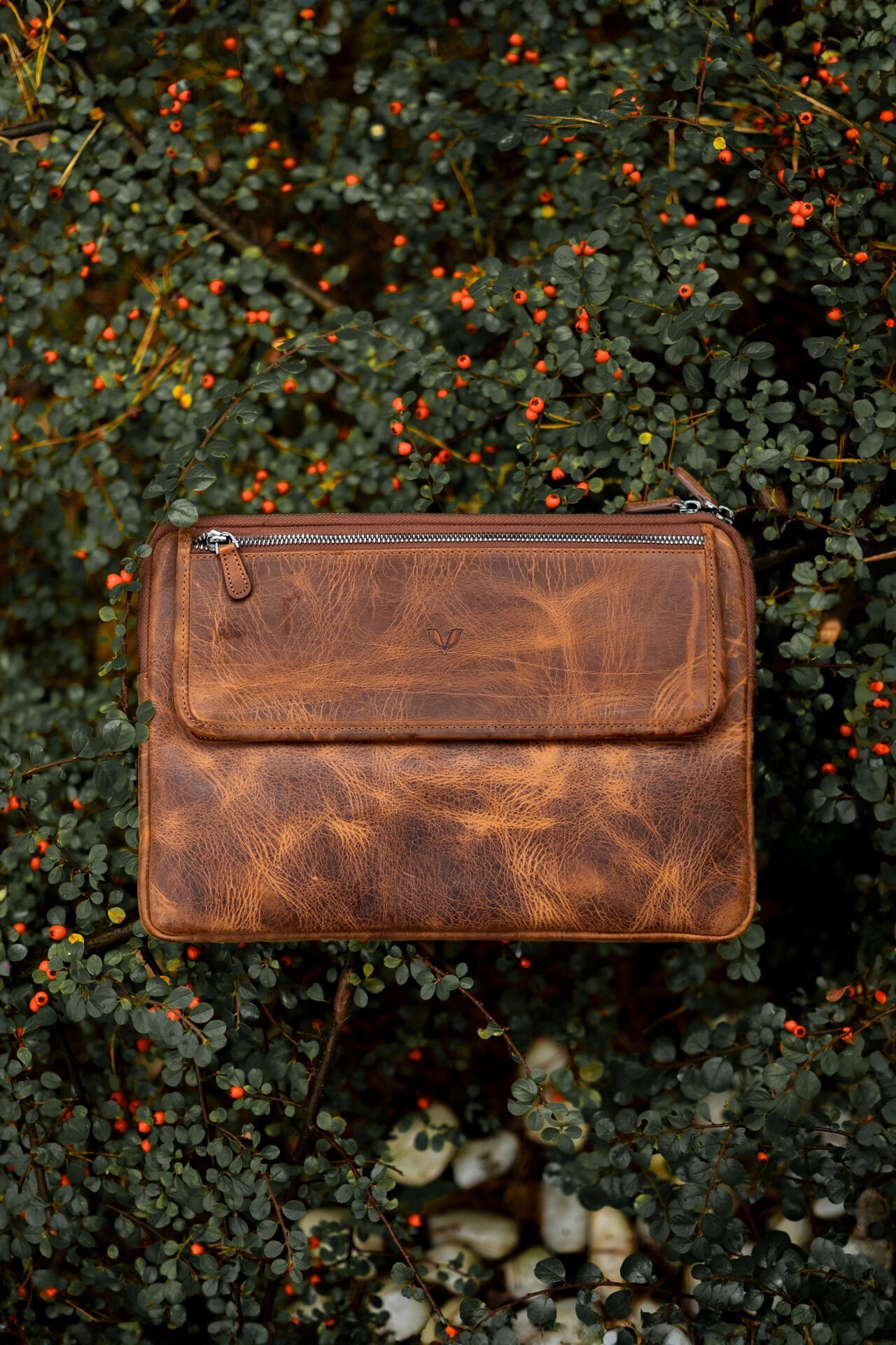 V Hakiki Deri Clutch & Tablet El Çantası / Vintage Kahve