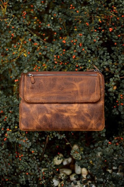 V Hakiki Deri Clutch & Tablet El Çantası / Vintage Kahve