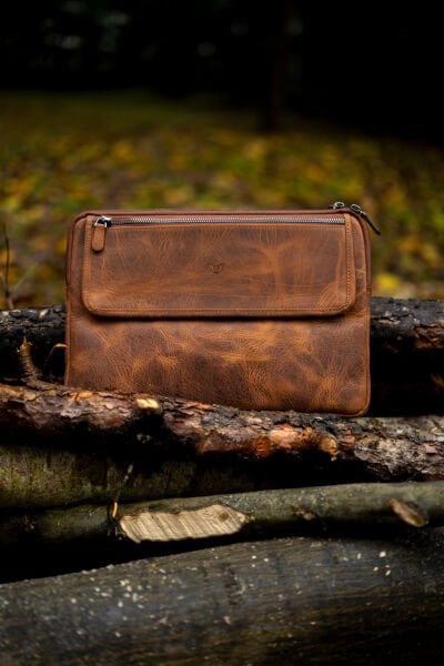 V Hakiki Deri Clutch & Tablet El Çantası / Vintage Kahve