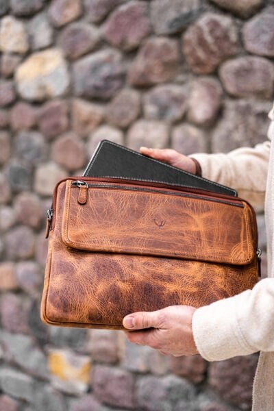 V Hakiki Deri Clutch & Tablet El Çantası / Vintage Kahve