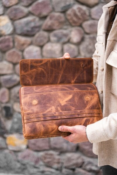 V Hakiki Deri Clutch & Tablet El Çantası / Vintage Kahve