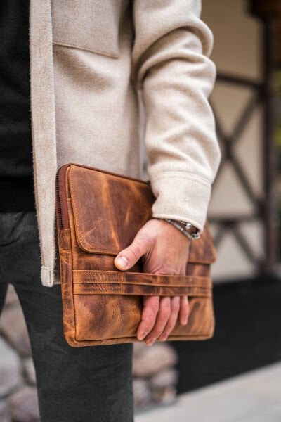 V Hakiki Deri Clutch & Tablet El Çantası / Vintage Kahve