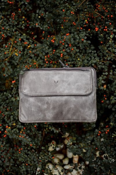 V Hakiki Deri Clutch & Tablet El Çantası / Vintage Gri