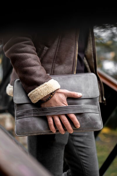 V Hakiki Deri Clutch & Tablet El Çantası / Vintage Gri