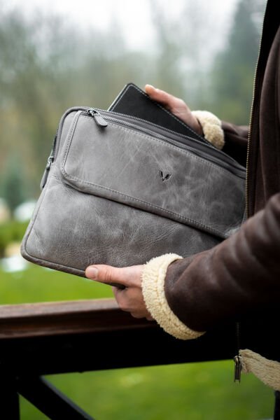 V Hakiki Deri Clutch & Tablet El Çantası / Vintage Gri