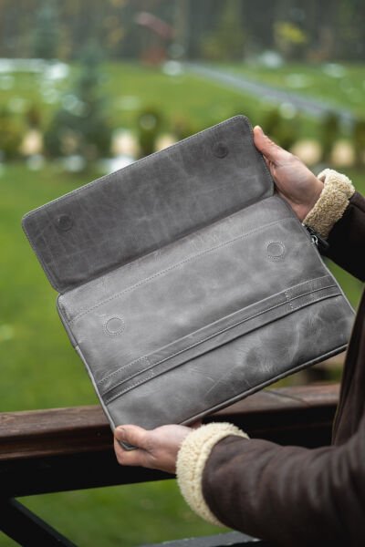 V Hakiki Deri Clutch & Tablet El Çantası / Vintage Gri