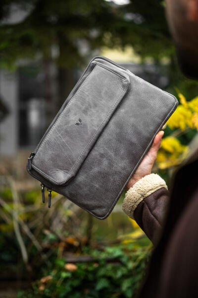V Hakiki Deri Clutch & Tablet El Çantası / Vintage Gri