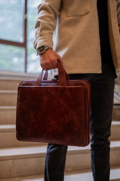 V Hakiki Deri Evrak Çantası / Vintage Bordo