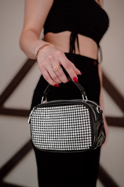 Swarovski Taşlı Rugan El & Omuz Çantası
